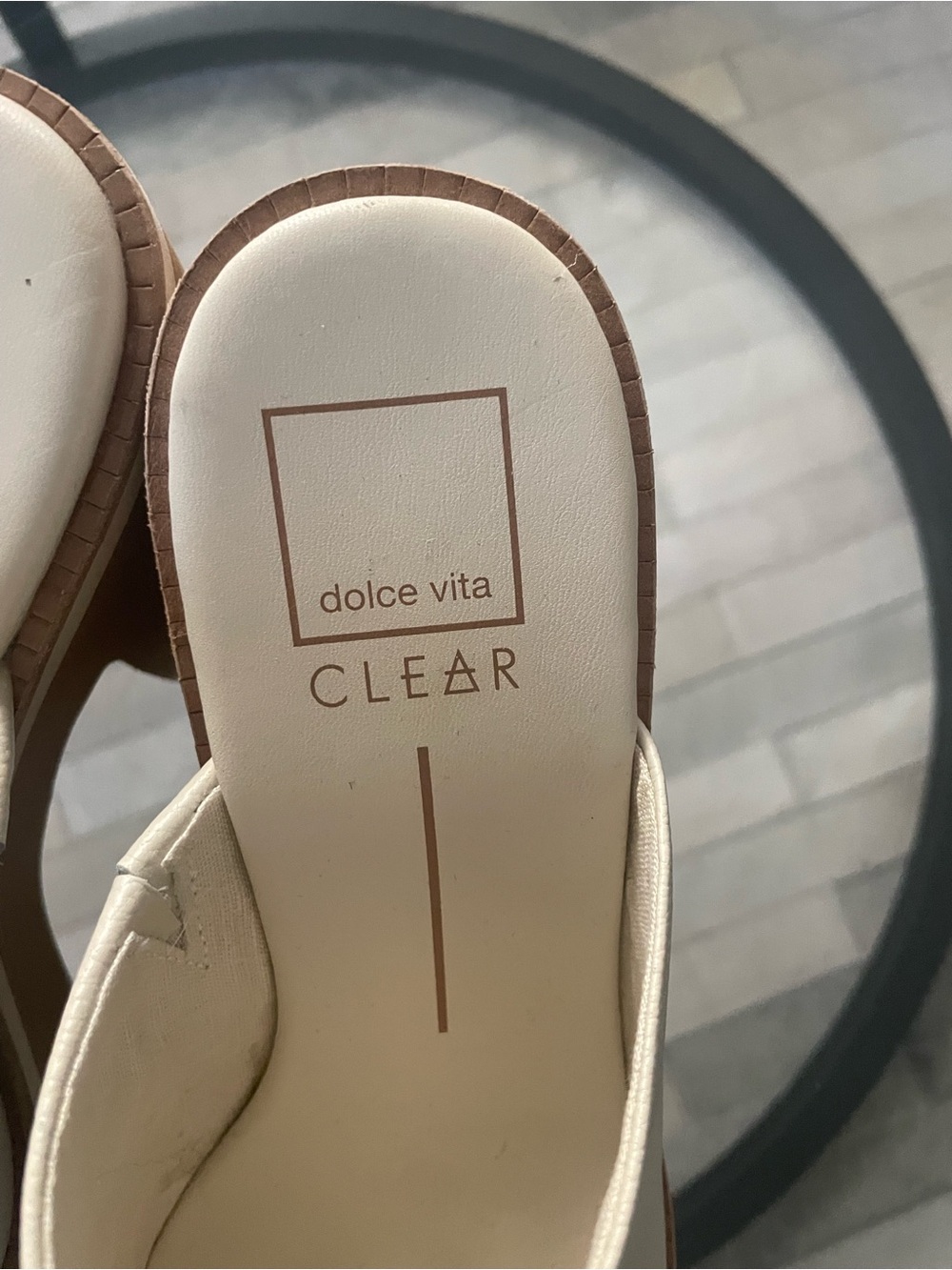 Dolce Vita Cream Slide Mules with Brown Trim